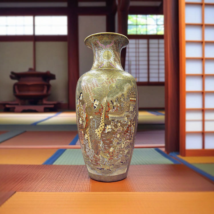 沈香壺 約130cm 薩摩焼 大壷 特大 花瓶 葵紋 飾り壺 金襴手金彩