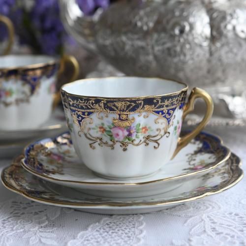 1920年代 オールドノリタケ 金彩ジュエルとコバルト 手描きの