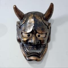 時代年代物 特大 木彫 塗金黒漆 般若 お面 壁飾り 縦約70㎝ 能面 東洋