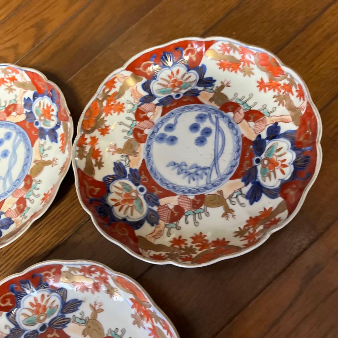 最終処分特価 古伊万里 色絵 大きめ中皿五枚セット 完品 シカと